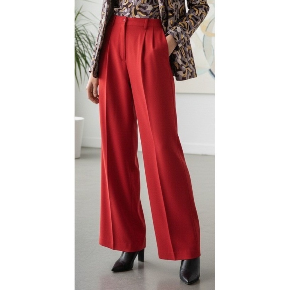 Y2K Norma Kamali Wide Leg Pants Women Sz 6 Pleated Palazzo Flared Minimalist Red
